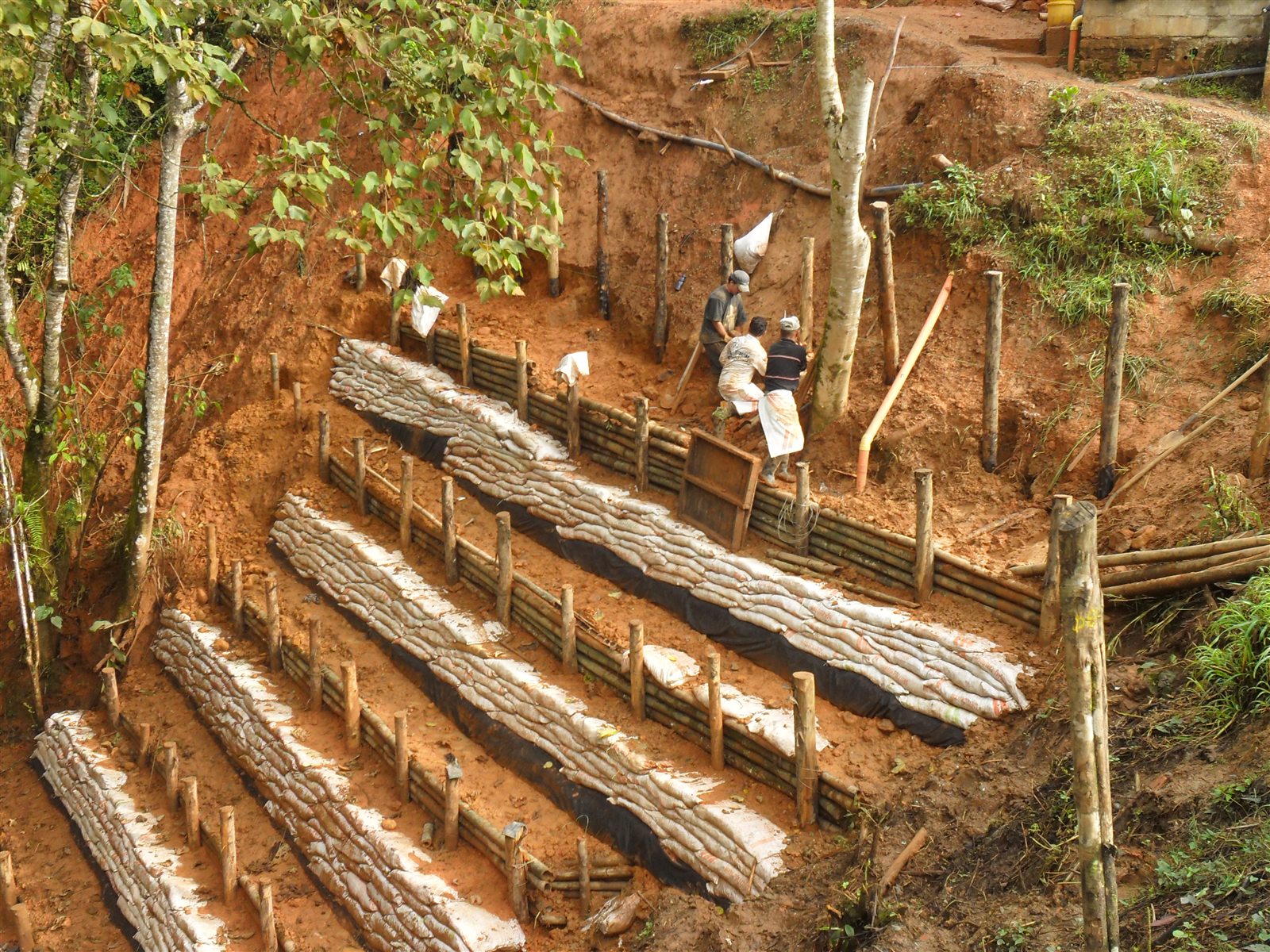 Vista general de las terrazas de contención durante su construcción